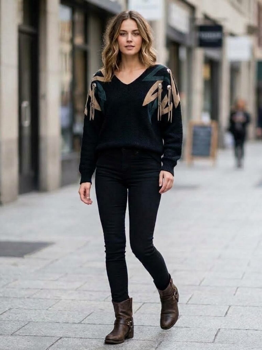 Black Sweater with Suede Patches, Conchos and Fringe V Neck Sussan d Med